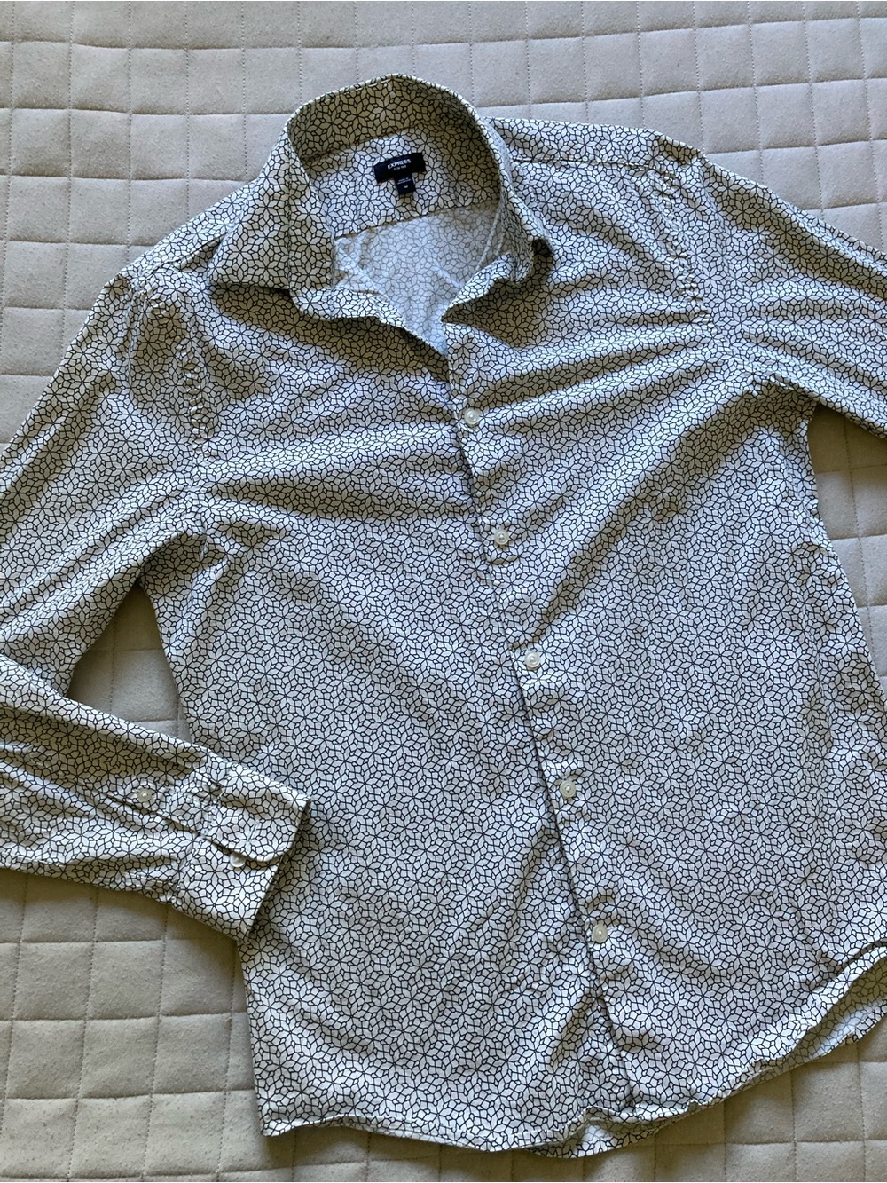 Express White Dress Shirt with Black Geometric Print